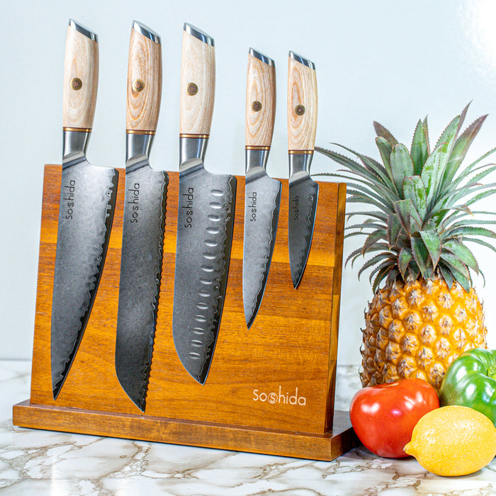 FULLHI Chief Knife Set 5 Pieces Japanese Knives Set Pakka Wood Handle  Premium German Stainless Steel Kitchen Knife Set with Roll Bag 